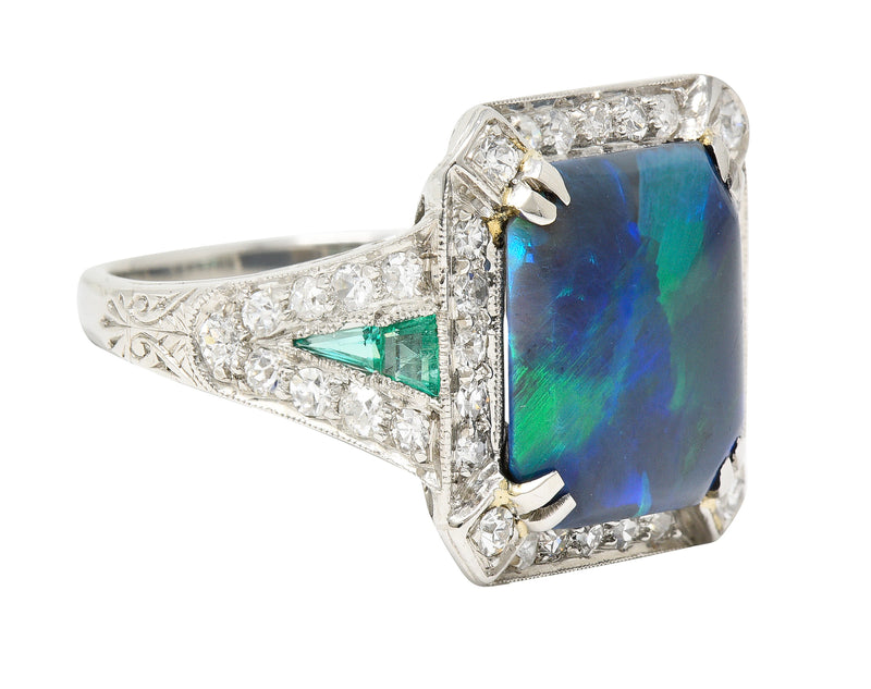 Marcus & Co. Art Deco Octagonal Black Opal Emerald Diamond Platinum Foliate Halo Vintage Ring GIA