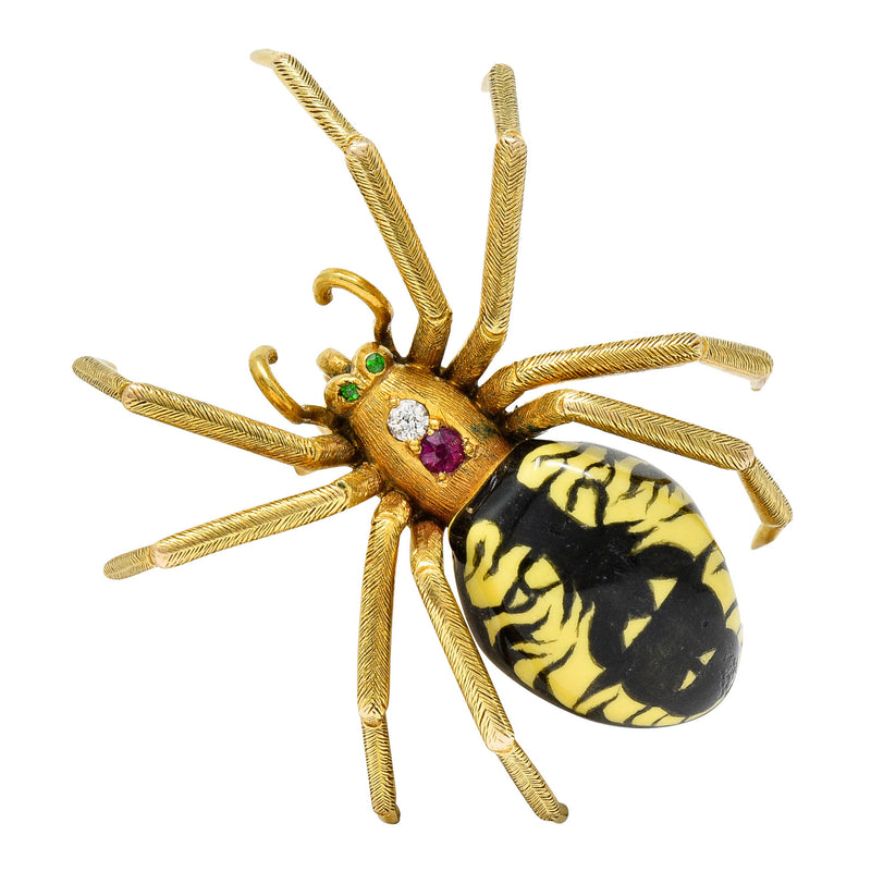 Riker Brothers Enamel Diamond Ruby 14 Karat Gold Spider Art Nouveau Brooch