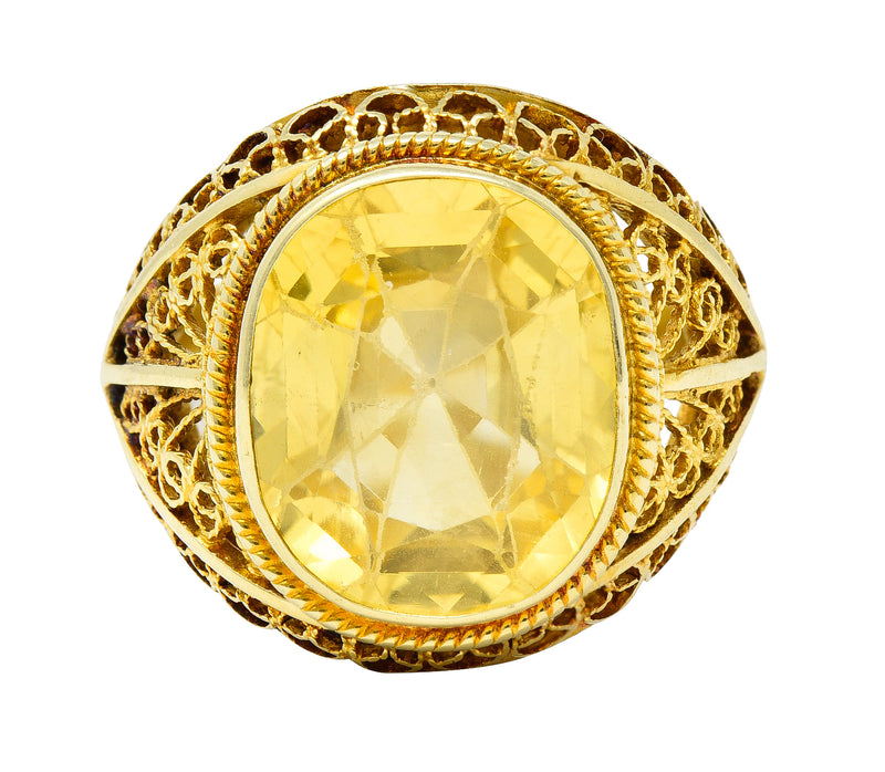 Arts & Crafts 9.05 CTW Yellow Sapphire 14 Karat Yellow Gold Fanning Filigree Antique Gemstone Ring