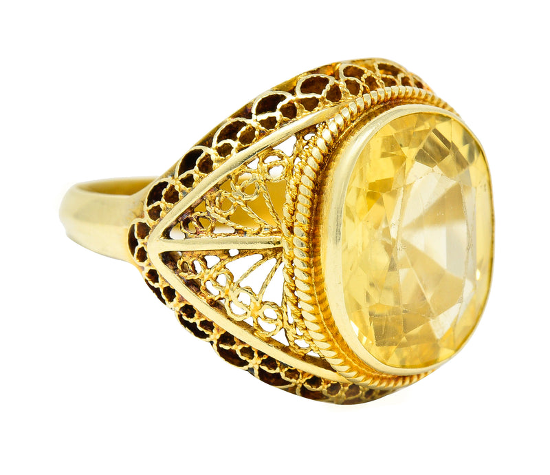 Arts & Crafts 9.05 CTW Yellow Sapphire 14 Karat Yellow Gold Fanning Filigree Antique Gemstone Ring