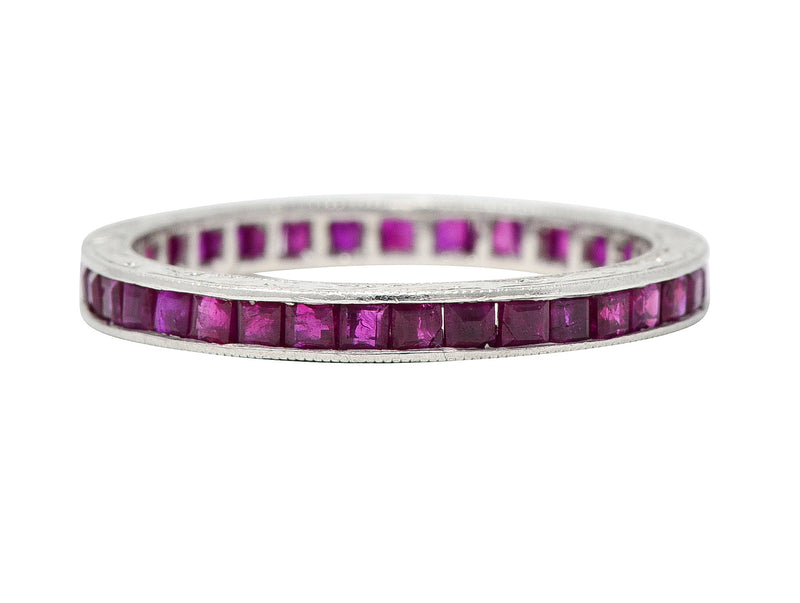 Art Deco 1.85 CTW Square Cut Ruby Platinum Scrolling Eternity Vintage Channel Band Ring