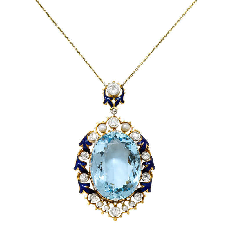 Edwardian 27.46 CTW Old Mine Cut Diamond Aquamarine Pearl Enamel Platinum-Topped 18 Karat Yellow Gold Antique Station Necklace