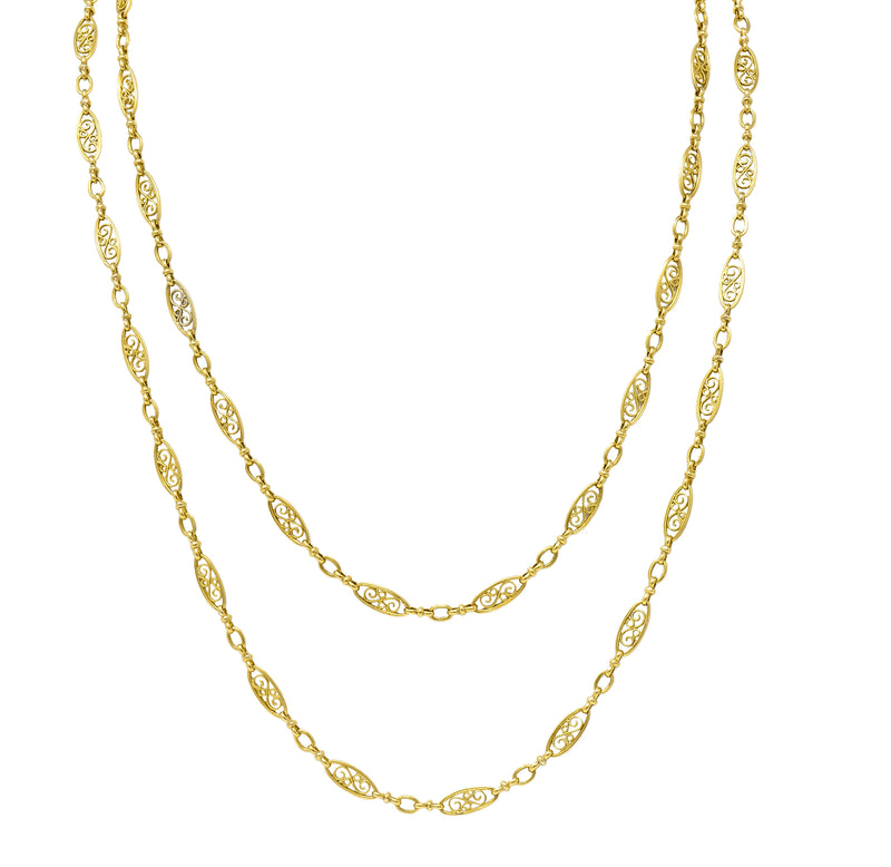 Victorian French 18 Karat Yellow Gold Scrolling Navette Link 40 IN Long Antique Chain Necklace