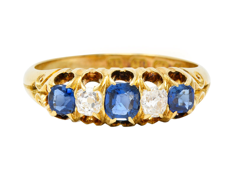 1835 Victorian 1.02 CTW Old Mine Cut Diamond Sapphire 18 Karat Yellow Gold Scrolling Belcher Set Antique Band Ring