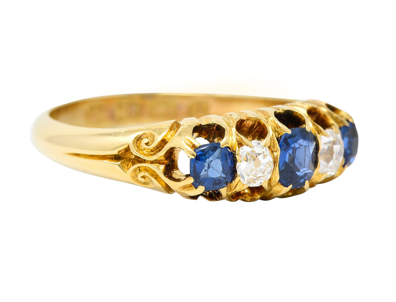 1835 Victorian 1.02 CTW Old Mine Cut Diamond Sapphire 18 Karat Yellow Gold Scrolling Belcher Set Antique Band Ring