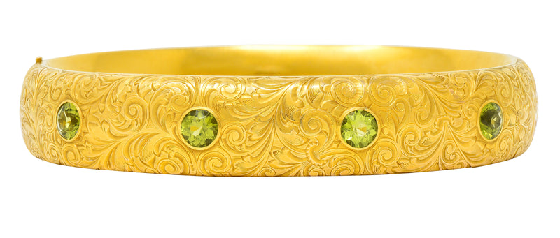 Riker Brothers 4.00 CTW Peridot 14 Karat Yellow Gold Gemstone Antique Bangle Bracelet