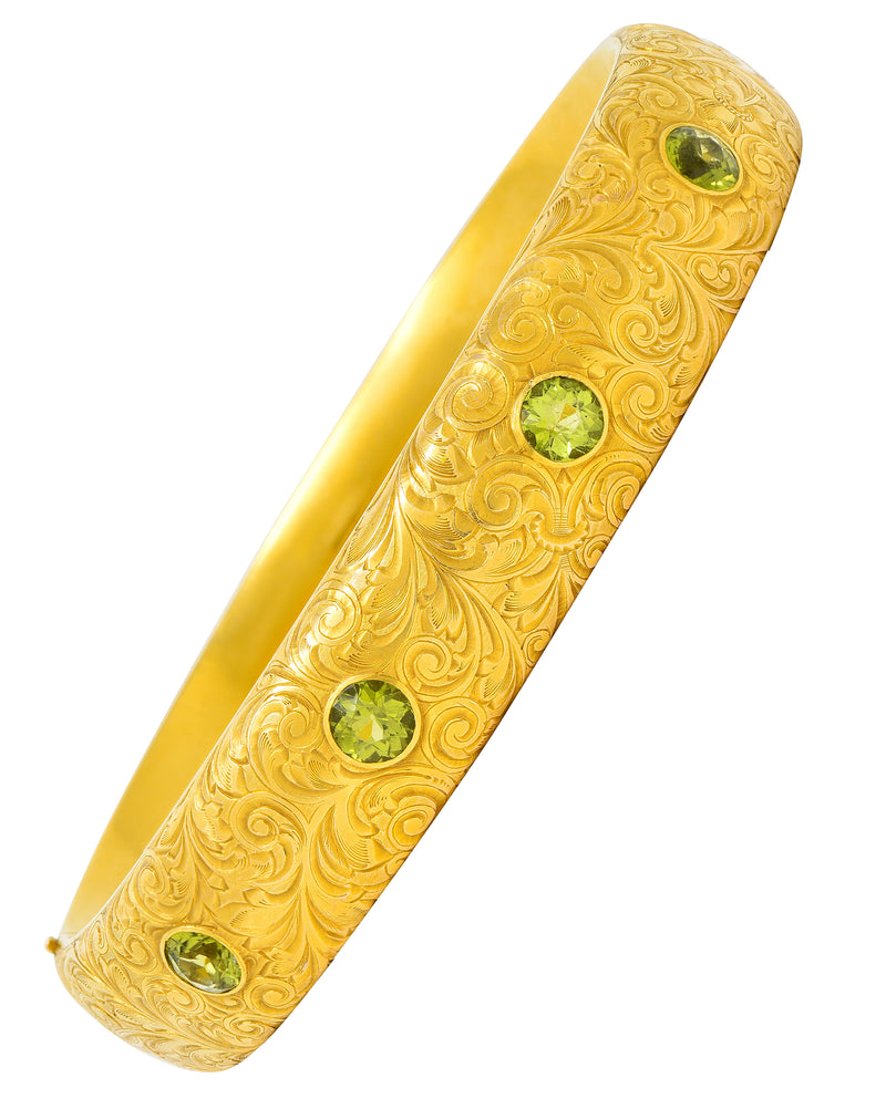 Riker Brothers 4.00 CTW Peridot 14 Karat Yellow Gold Gemstone Antique Bangle Bracelet