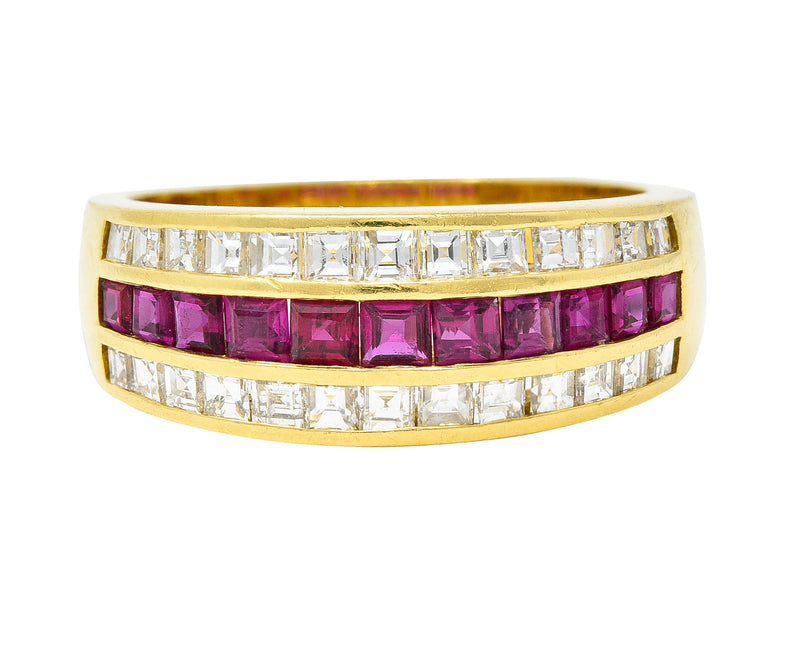 1.42 CTW Square Step-Cut Diamond Ruby 18 Karat Yellow Gold Vintage Channel Band Ring