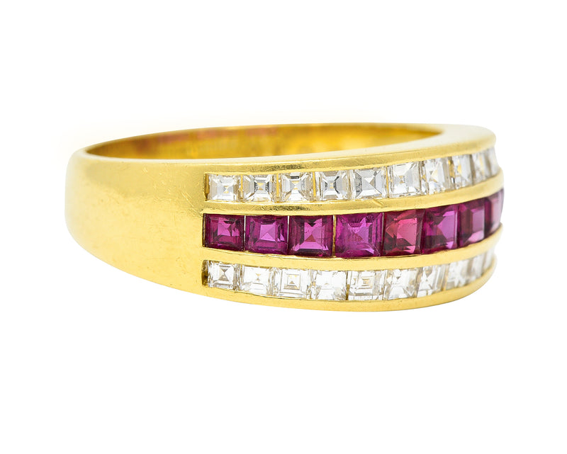 1.42 CTW Square Step-Cut Diamond Ruby 18 Karat Yellow Gold Vintage Channel Band Ring