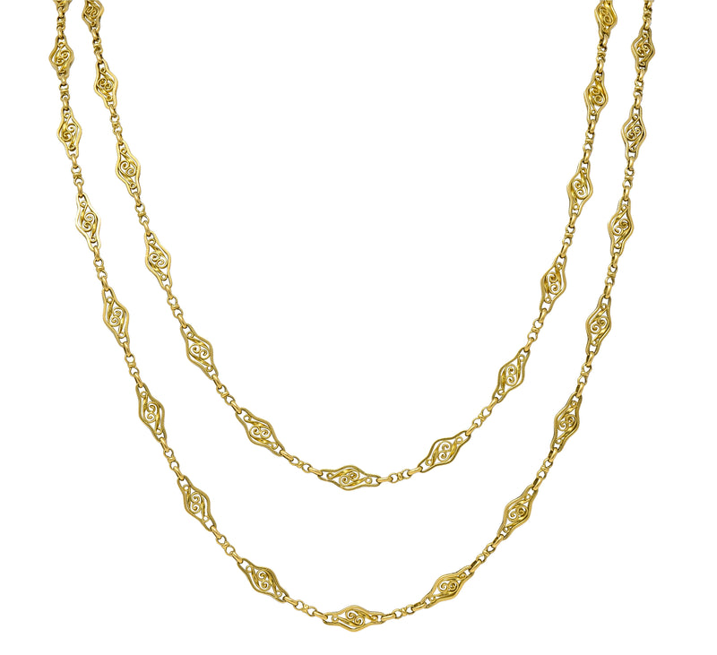 French 18 Karat Yellow Gold Victorian Scrolling Navette Link 60 IN Long Antique Chain Necklace