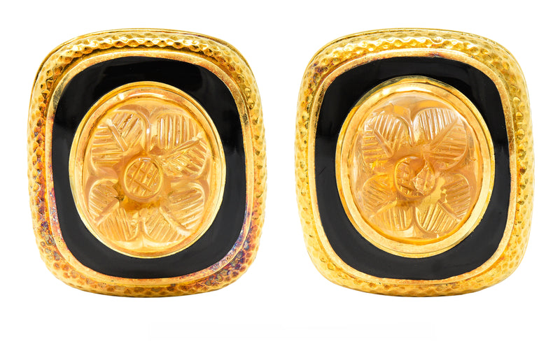 David Webb 1980’s Carved Citrine Enamel 18 Karat Yellow Gold Floral Vintage Ear-Clip Earrings