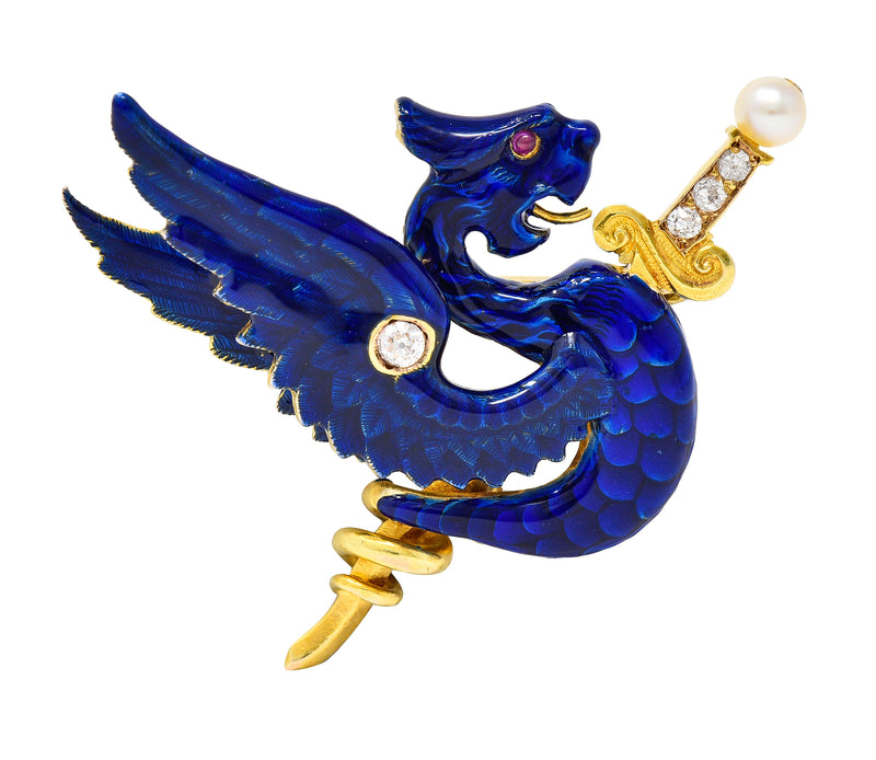 Riker Bros Art Nouveau Diamond Pearl Ruby Blue Enamel 14 Karat Gold Wyvern Serpent Dragon Sword Antique Unisex Brooch