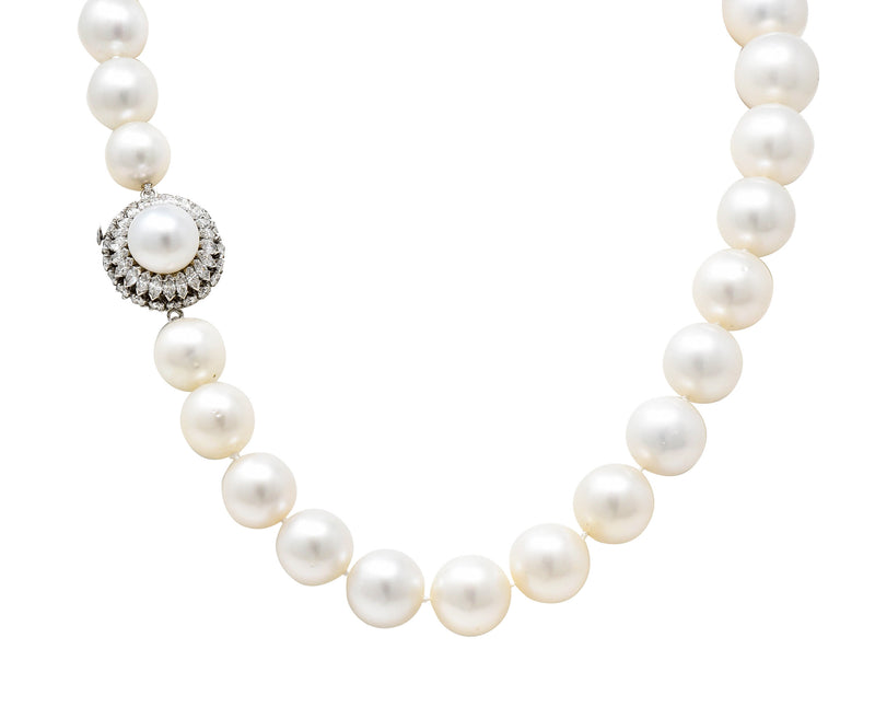 Mid-Century Large Cultured Pearl 3.50 CTW Diamond Strand Necklace