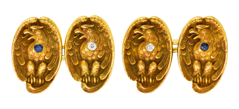 Art Nouveau Sapphire Diamond 14 Karat Yellow Gold Eagle Men’s Cufflinks