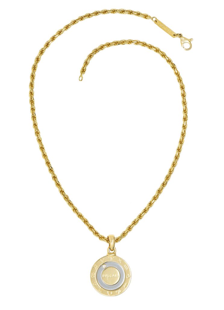 Bulgari Diamond 18 Karat Yellow Gold Stainless Steel Zodiac Dial Pendant Necklace