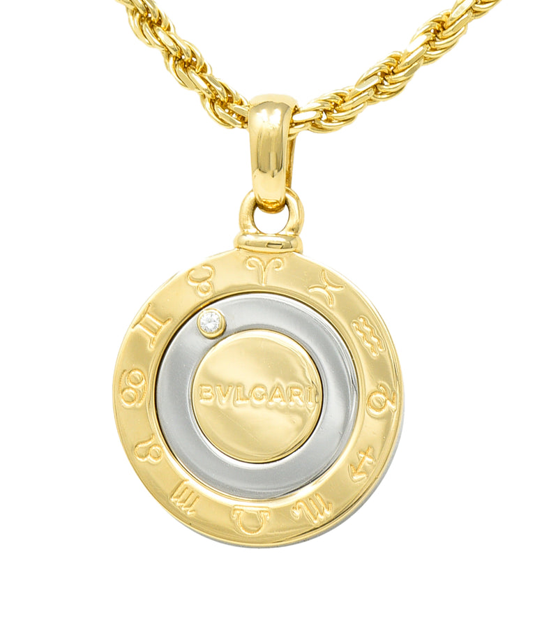 Bulgari Diamond 18 Karat Yellow Gold Stainless Steel Zodiac Dial Pendant Necklace