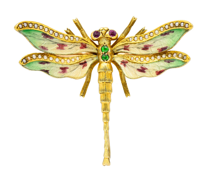 Riker Bros. Art Nouveau Ruby Demantoid Garnet Pearl Basse-Taille Enamel 14 Karat Yellow Gold Antique Dragonfly Brooch