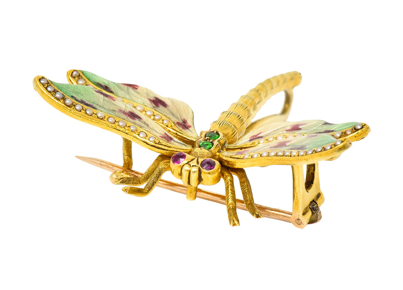 Riker Bros. Art Nouveau Ruby Demantoid Garnet Pearl Basse-Taille Enamel 14 Karat Yellow Gold Antique Dragonfly Brooch