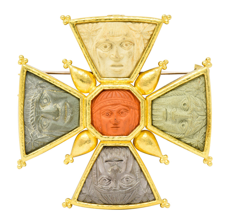 Elizabeth Locke Lava Cameo 18 Karat Yellow Gold Maltese Cross Bomarzo Pendant Brooch