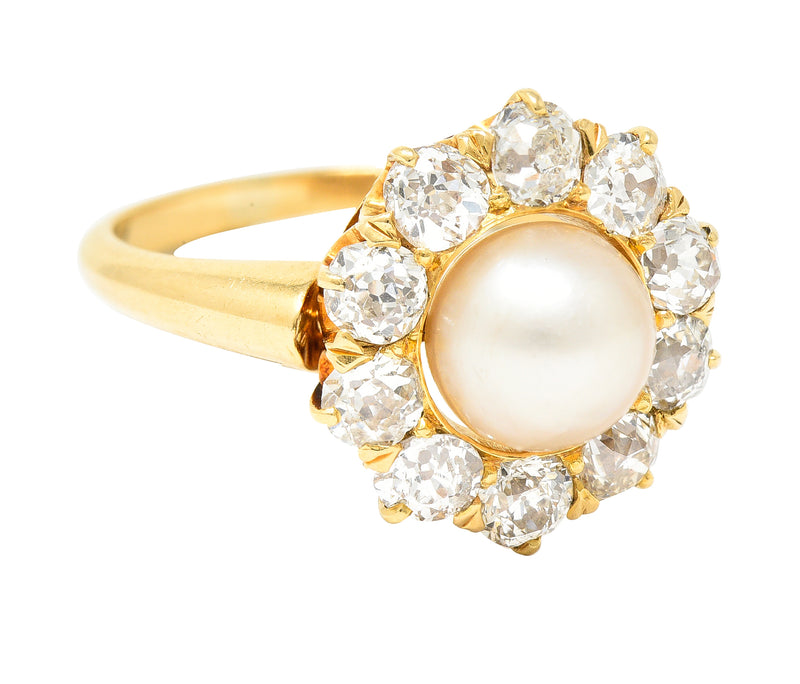 Victorian 0.80 CTW Old Mine Cut Diamond Natural Pearl 18 Karat Yellow Gold Antique Cluster Ring