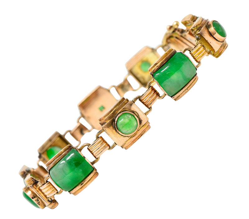 1940’s Retro Jadeite Jade Cabochon 14 Karat Yellow Gold Vintage Link Bracelet GIA