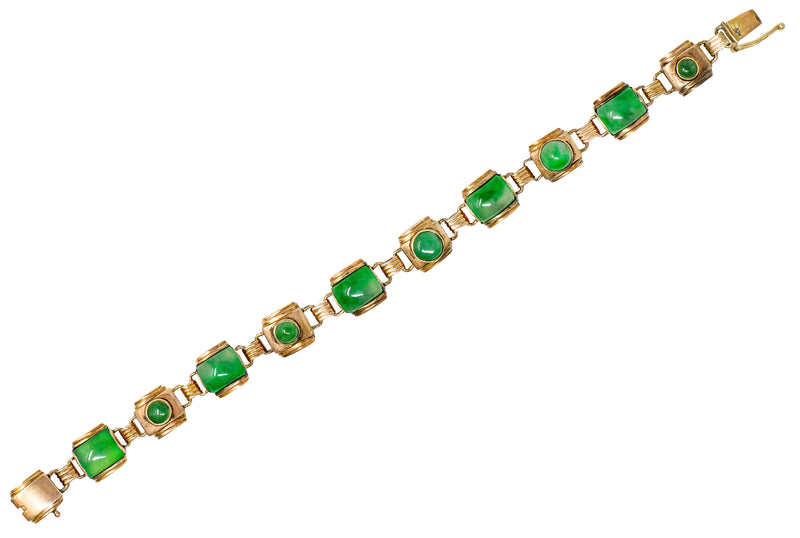 1940’s Retro Jadeite Jade Cabochon 14 Karat Yellow Gold Vintage Link Bracelet GIA