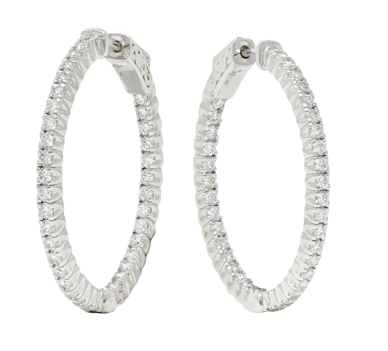 1.50 Carats Diamond 14 Karat White Gold Inside Outside 30 MM Hoop Earrings