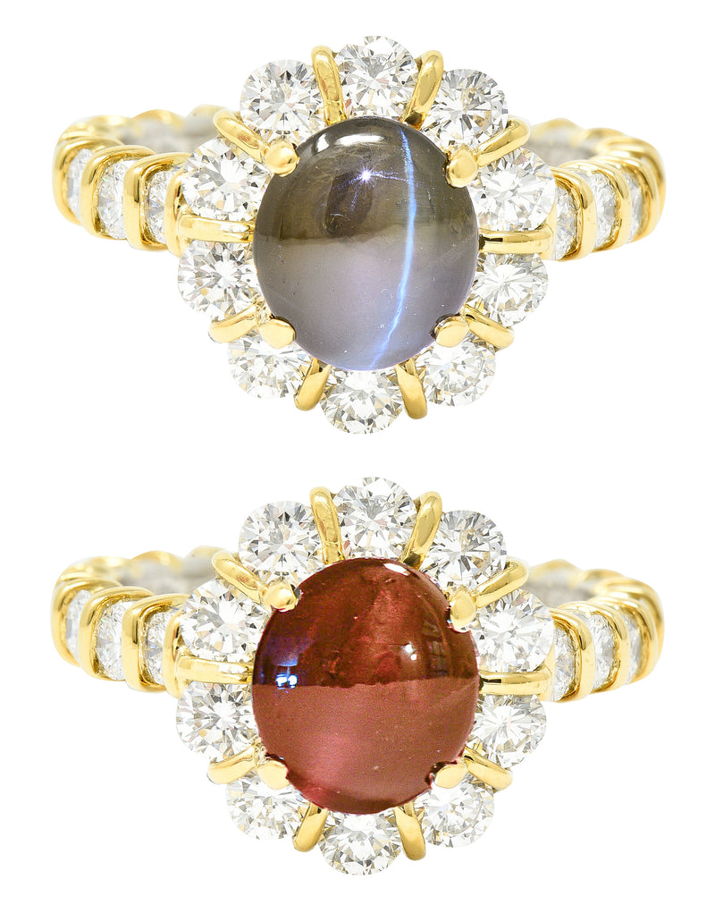 4.09 CTW Color-Change Alexandrite Cabochon Diamond Platinum 18 Karat Yellow Gold Halo Ring GIA