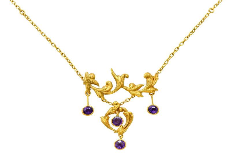 Art Nouveau Amethyst 14 Karat Gold Foliate Whiplash Swag Necklace