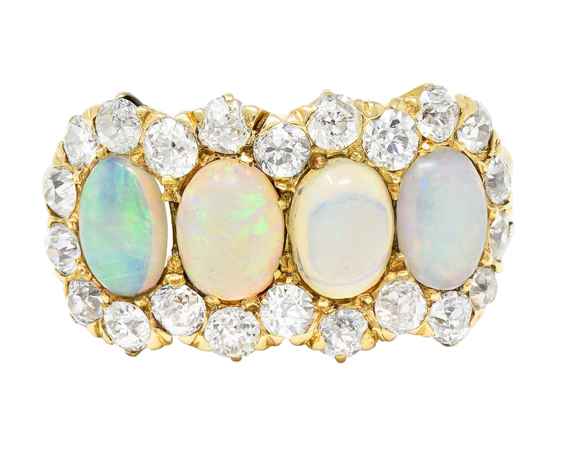 Victorian 1.32 CTW Opal Cabochon Old European Cut Diamond 18 Karat Yellow Gold Antique Cluster Ring