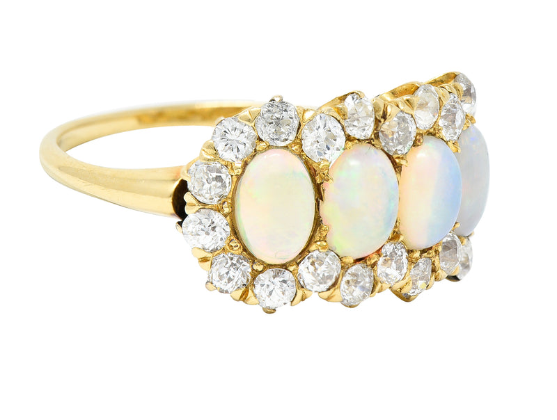 Victorian 1.32 CTW Opal Cabochon Old European Cut Diamond 18 Karat Yellow Gold Antique Cluster Ring