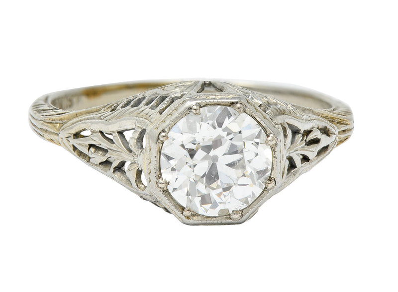 Late Edwardian 1.02 CTW Diamond 18 Karat White Gold Foliate Engagement Ring GIA