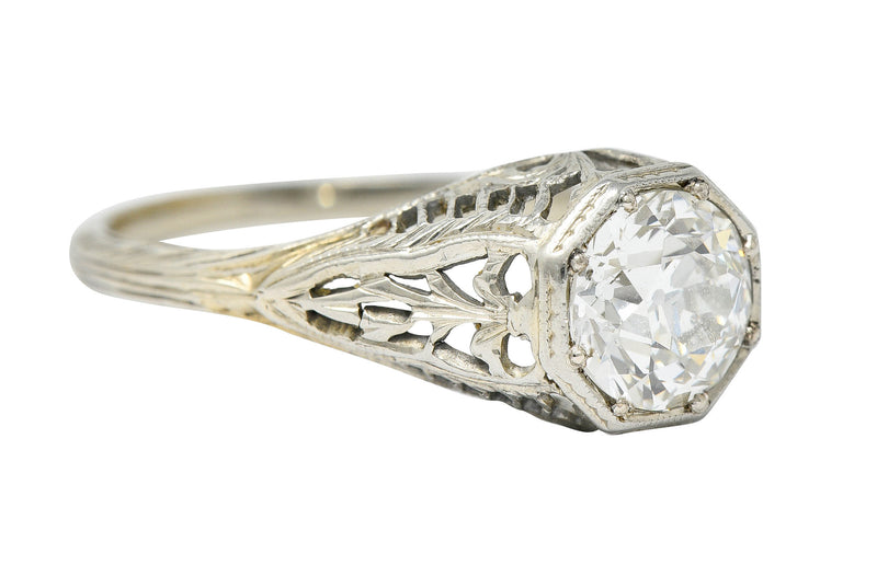 Late Edwardian 1.02 CTW Diamond 18 Karat White Gold Foliate Engagement Ring GIA