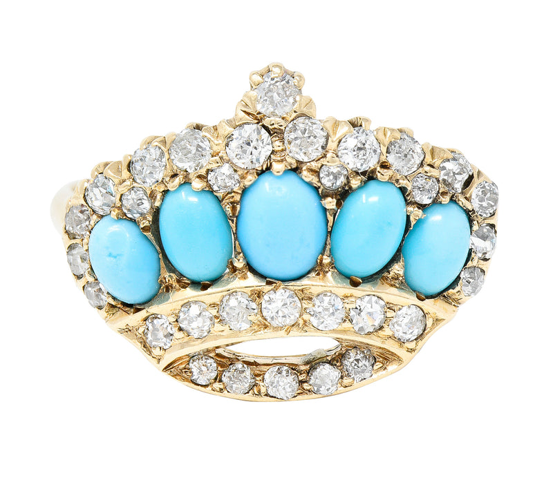 Victorian Diamond Turquoise 14 Karat Yellow Gold Crown Antique Ring