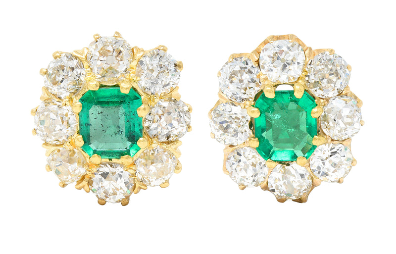 Victorian 4.14 CTW Emerald Old European Cut Diamond 18 Karat Yellow Gold Antique Cluster Earrings