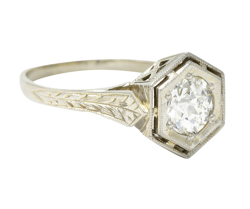 Art Deco 0.74 CTW Old European Cut Diamond 20 Karat White Gold Hexagonal Engagement Ring