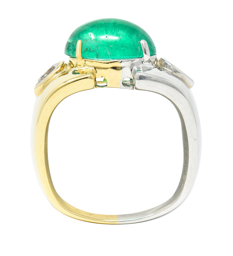 Vintage 3.55 CTW Emerald Cabochon Pear Cut Diamond 18 Karat Yellow Gold Platinum Split Three Stone Ring