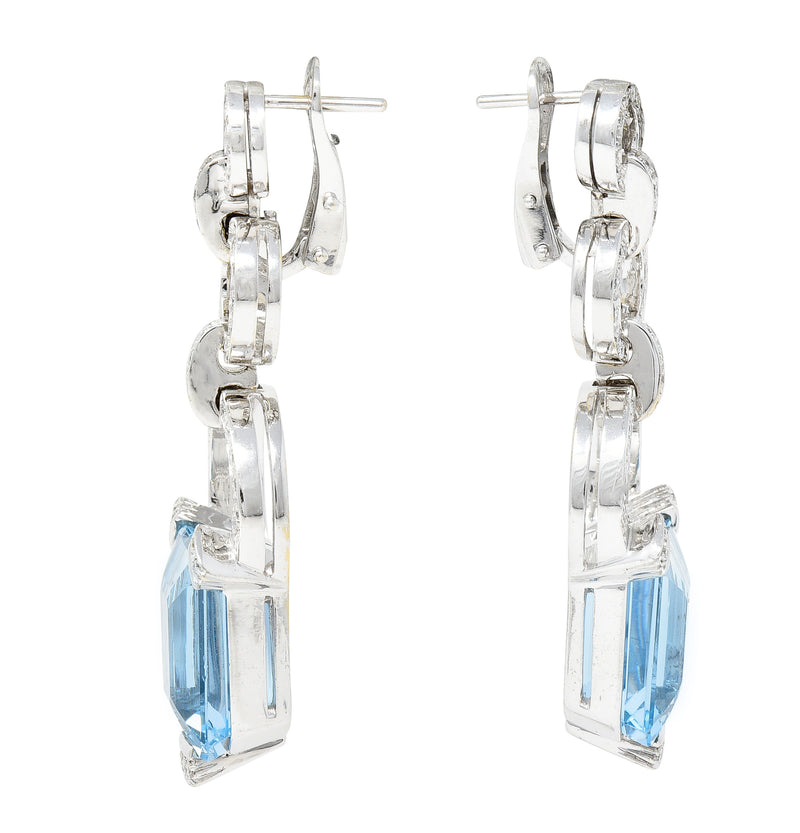 Contemporary 19.98 CTW Emerald Cut Aquamarine Diamond 18 Karat White Gold Circle Drop Earrings