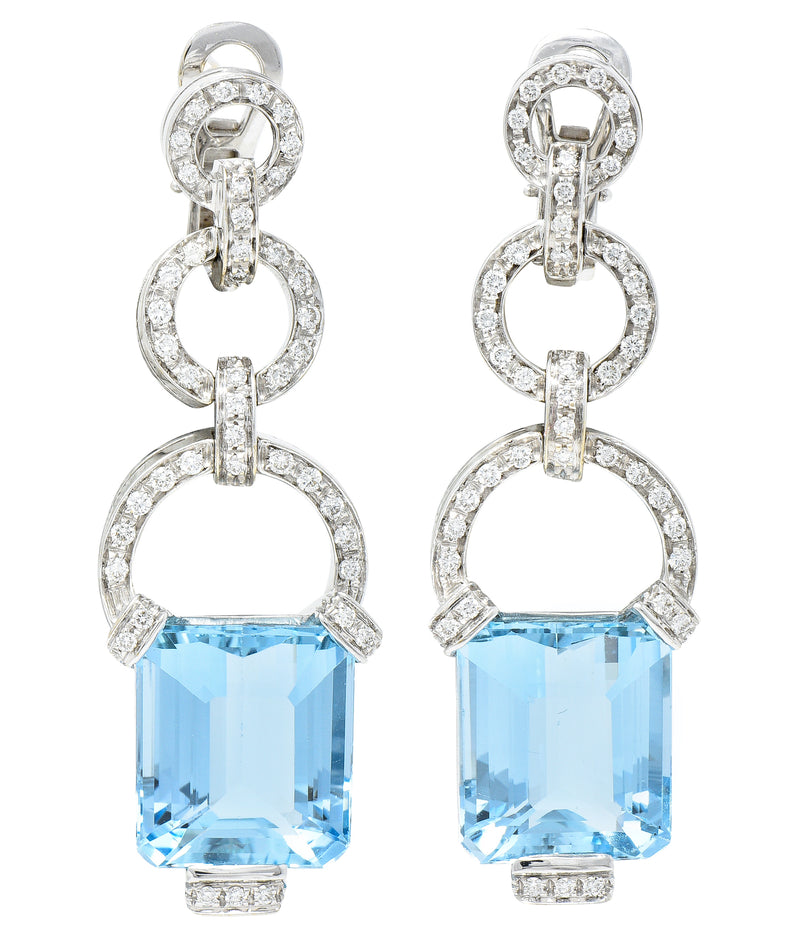 Contemporary 19.98 CTW Emerald Cut Aquamarine Diamond 18 Karat White Gold Circle Drop Earrings