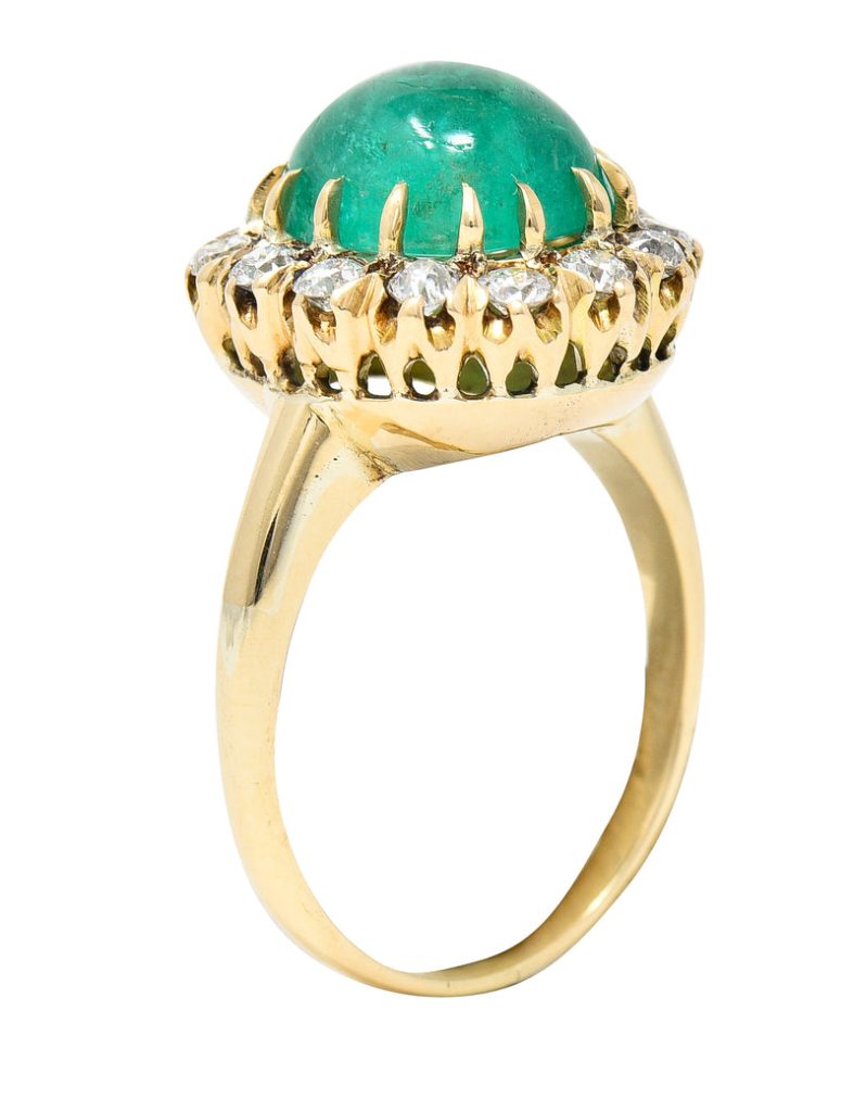 Victorian 6.28 CTW Colombian Emerald Cabochon Old European Cut Diamond 14 Karat Yellow Gold Antique Halo Ring GIA