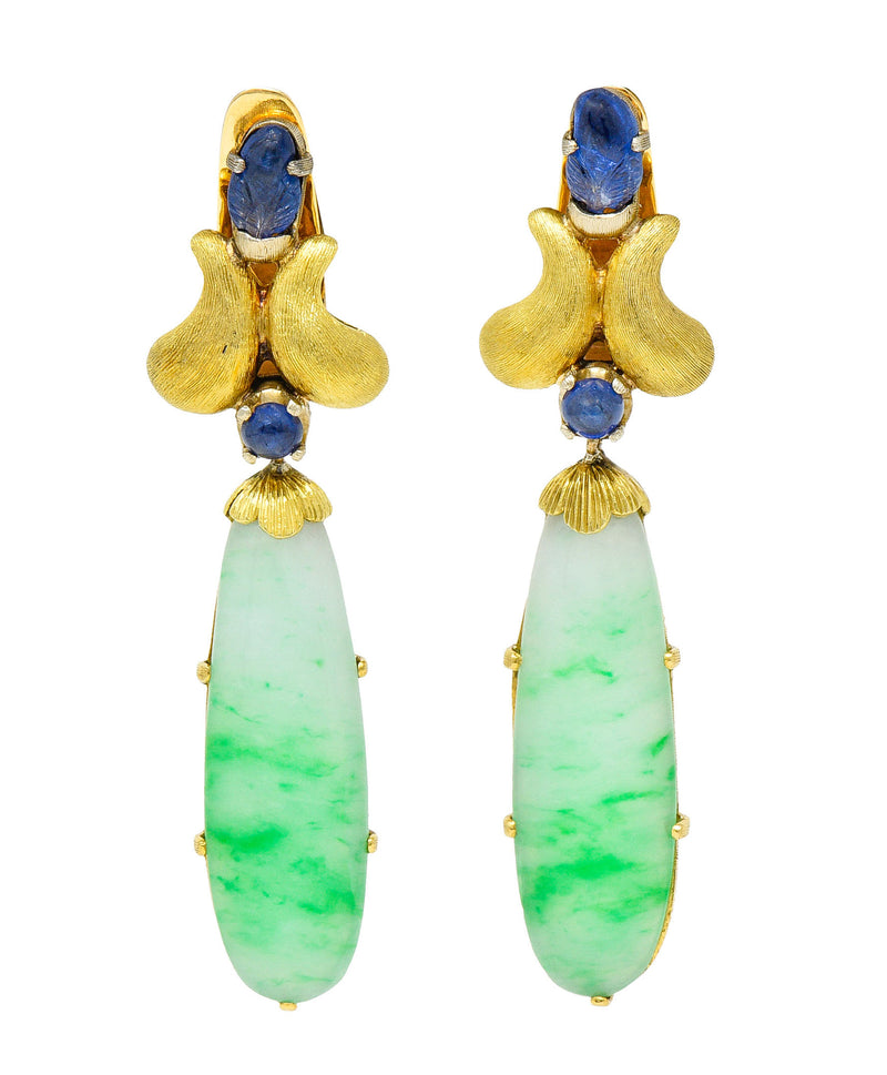 Buccellati Jade Sapphire 18 Karat Two-Tone Yellow Gold Drop 1960’s Ear-Clip Earrings