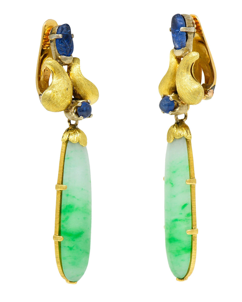 Buccellati Jade Sapphire 18 Karat Two-Tone Yellow Gold Drop 1960’s Ear-Clip Earrings