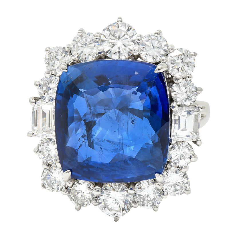 Contemporary 19.62 CTW Cushion Ceylon Sapphire Diamond Platinum Cluster Ring GIA