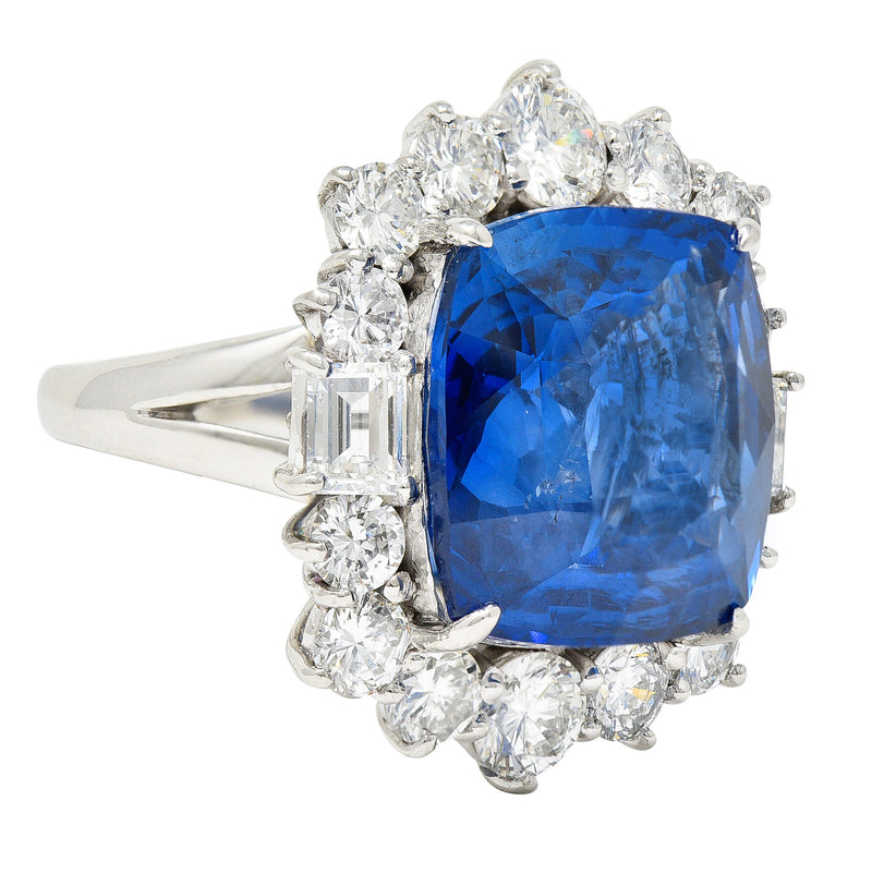 Contemporary 19.62 CTW Cushion Ceylon Sapphire Diamond Platinum Cluster Ring GIA