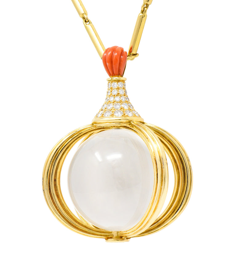 Van Cleef & Arpels Substantial French 1970’s Diamond Coral Crystal Quartz Sphere 18 Karat Yellow Gold Vintage Pendant Necklace Georges L’Enfant