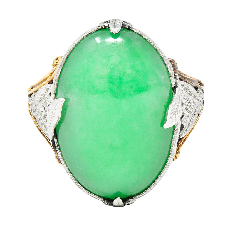 Edwardian Natural Jadeite Jade Cabochon Platinum 18 Karat Yellow Gold Lotus Antique Ring GIA