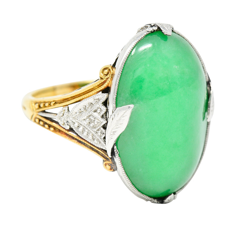 Edwardian Natural Jadeite Jade Cabochon Platinum 18 Karat Yellow Gold Lotus Antique Ring GIA