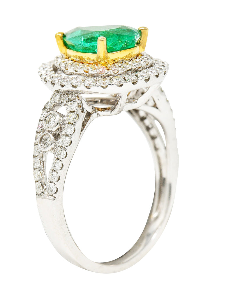 Contemporary 2.00 CTW Emerald Diamond 14 Karat Two-Tone Gold Double Halo Ring