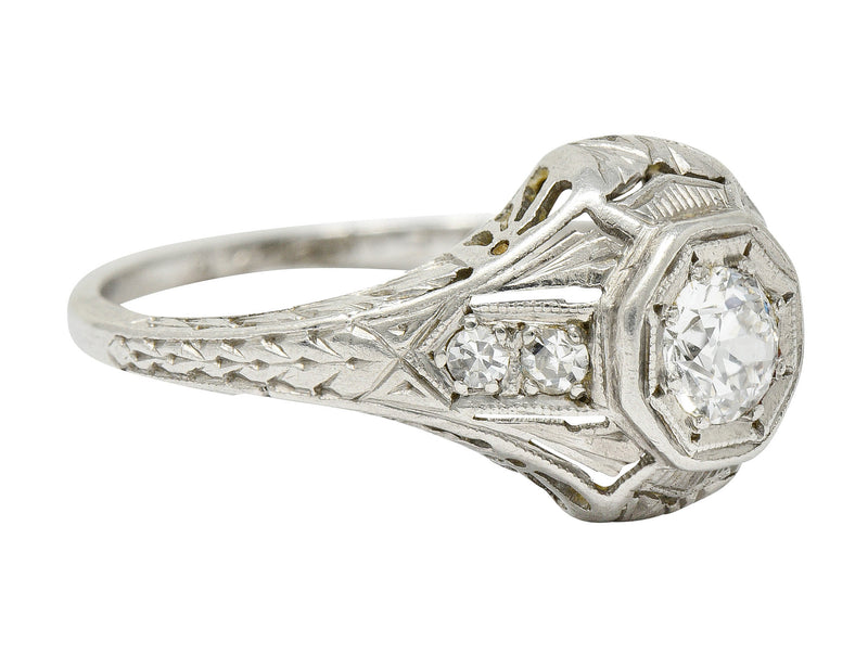 1920’s Art Deco 0.40 CTW Diamond Platinum Octagonal Starburst Engagement Ring