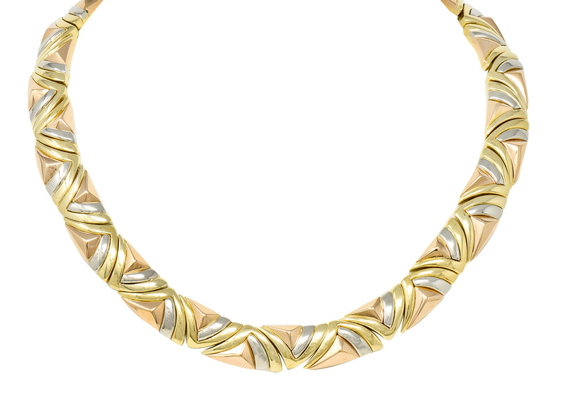 Bulgari French 1980’s 18 Karat Tri-Gold Geometric Vintage Collar Necklace